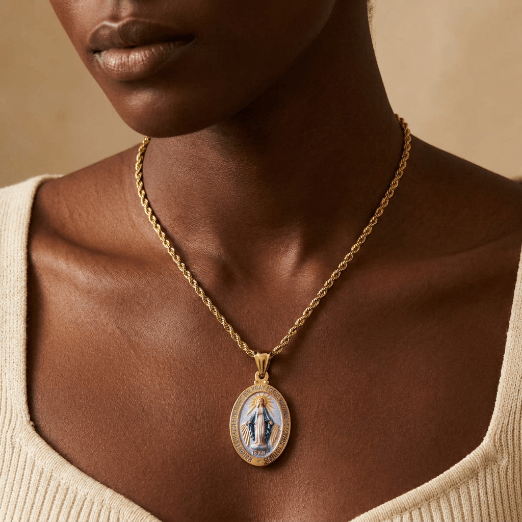 Stainless Steel Virgin Mary Double-Sided Pendant Necklace